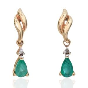 Vintage Elegant 10K Gold Emerald Diamond Drop Earrings